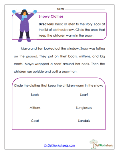 Winter Clothing Worksheet