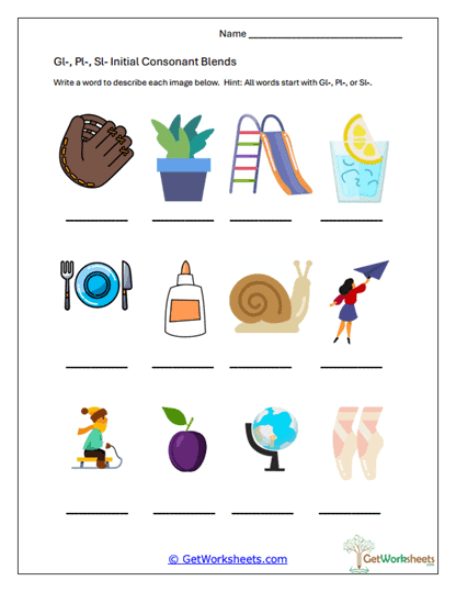GL, PL, SL Picture Words Worksheet