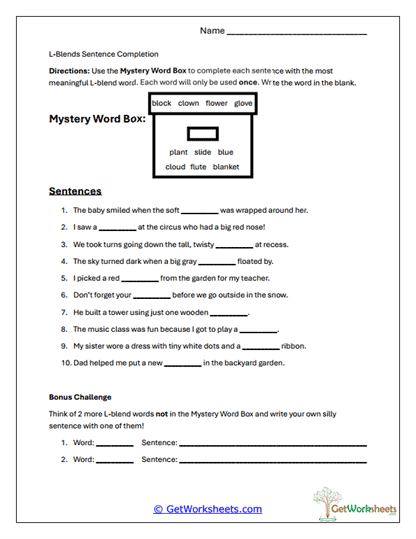 L-Blends Sentence Completion Worksheet