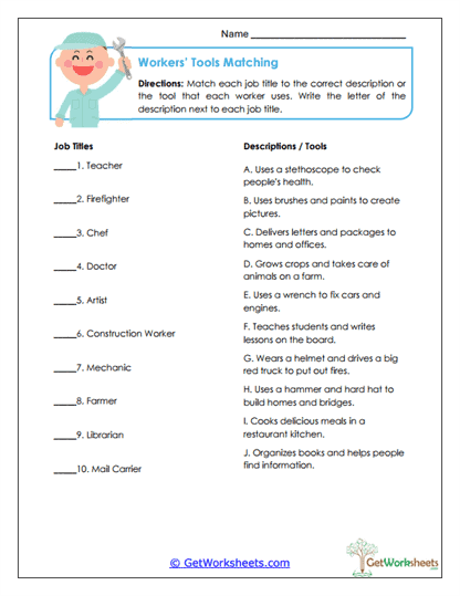 Workers' Tools Matching Worksheet