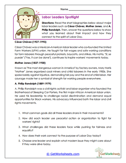 Labor Leaders Spotlight Worksheet