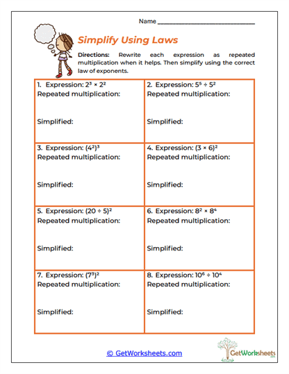 Simplify Using Laws Worksheet