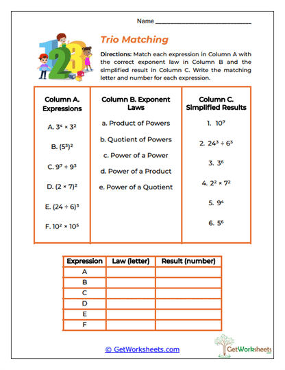 Trio Matching Worksheet