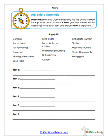 Adventure Essentials Worksheet