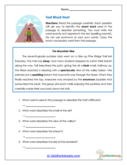 Text Word Hunt Worksheet