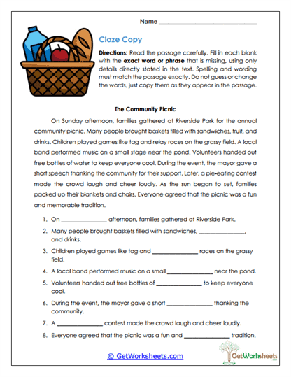Cloze Copy Worksheet