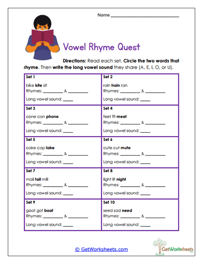 Long Vowel Rhyme Worksheet Collection