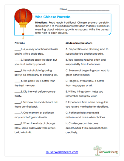 Wise Chinese Proverbs Worksheet