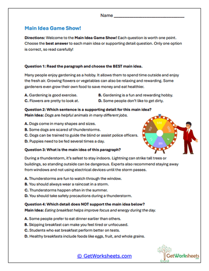 Game Show Main Idea Worksheet