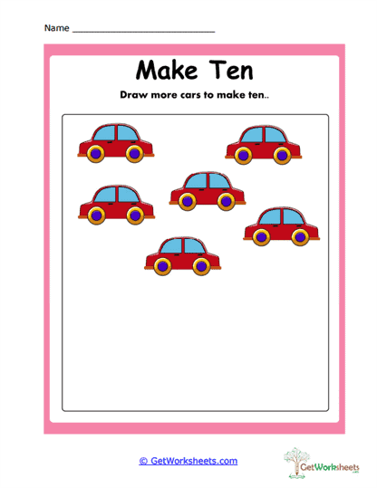 Drawing Cars to Make Ten Worksheet