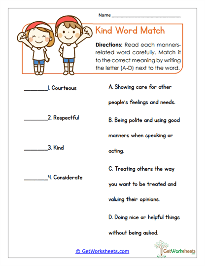 Kind Word Match Worksheet