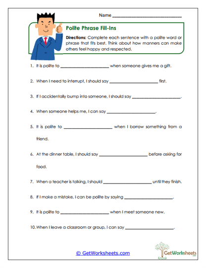 Polite Phrase Fill-Ins Worksheet