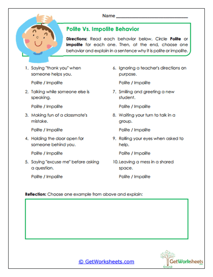 Polite vs. Impolite Behavior Worksheet
