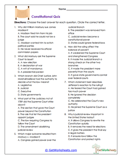 Constitutional Quiz Worksheet