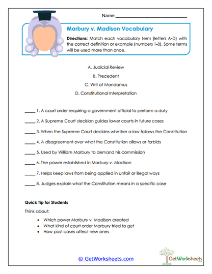 Marbury v. Madison Vocabulary Worksheet