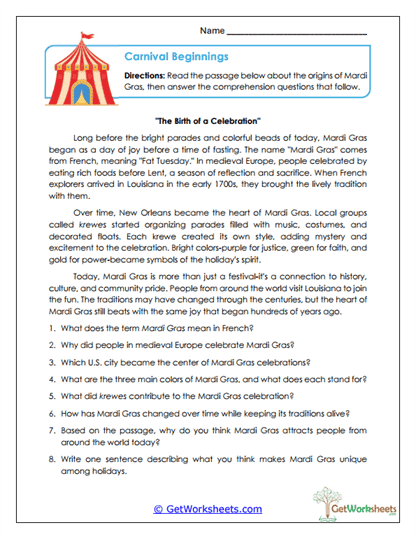 Mardi Gras Worksheets