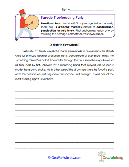 Parade Proofreading Party Worksheet