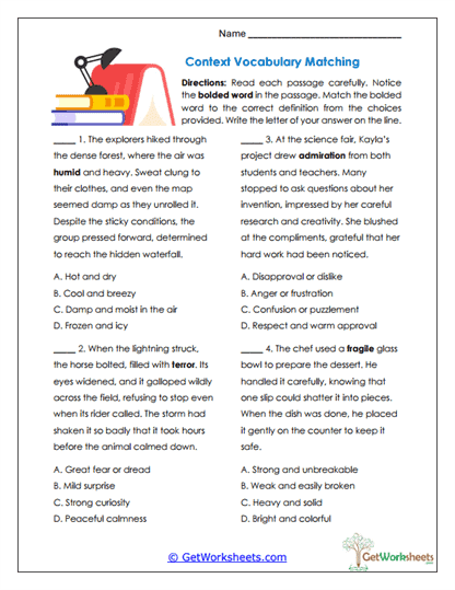 Context Vocabulary Matching Worksheet