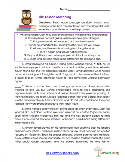 Life Lesson Matching Worksheet