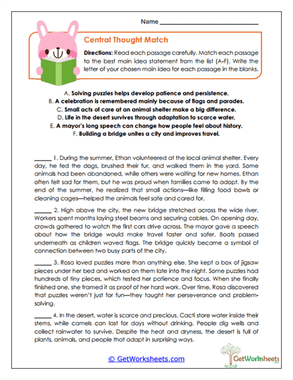 Central Thought Match Worksheet