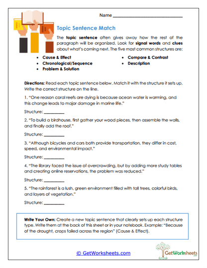 Topic Sentence Match Worksheet