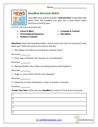 Headline Structure Match Worksheet