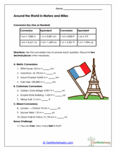 World Distance Conversions Worksheet - Metric & Customary Units
