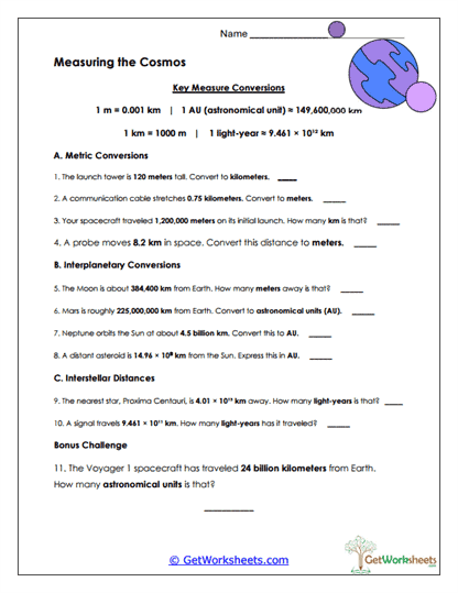 Space Distance Conversions Worksheet
