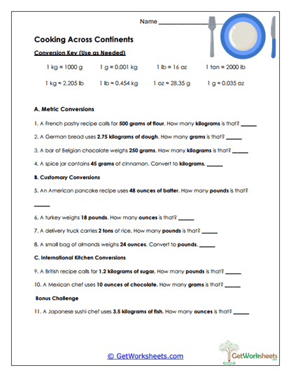 Global Cooking Conversions Worksheet