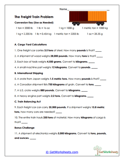 Freight Weight Conversions Worksheet