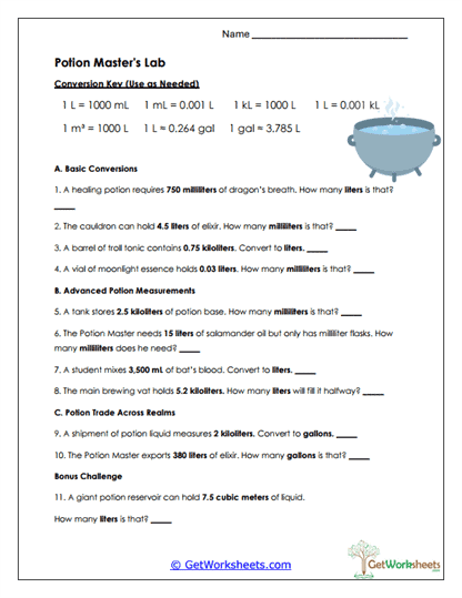 Volume and Capacity Conversions Worksheet