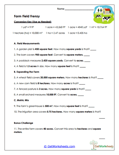 Land Area Conversions Worksheet