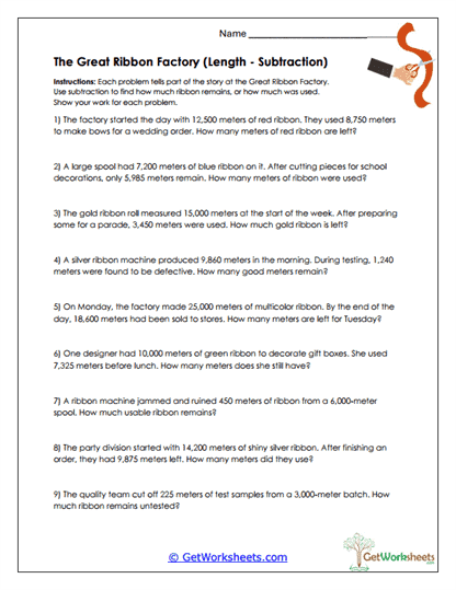 Ribbon Factory Subtraction Worksheet