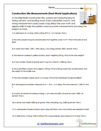 Construction Site Measurements Worksheet
