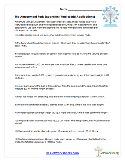 Amusement Park Applications Worksheet