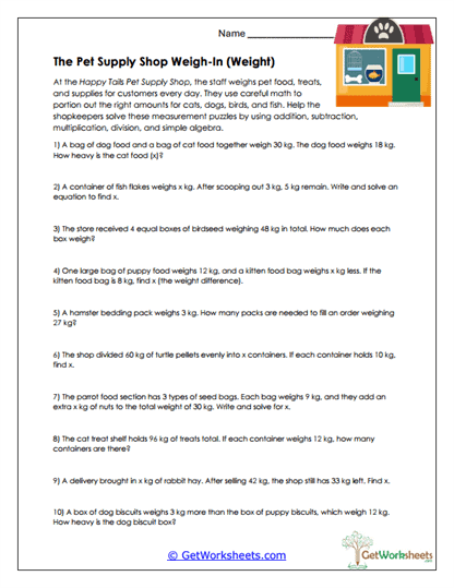 Pet Supply Shop Weigh-In Worksheet