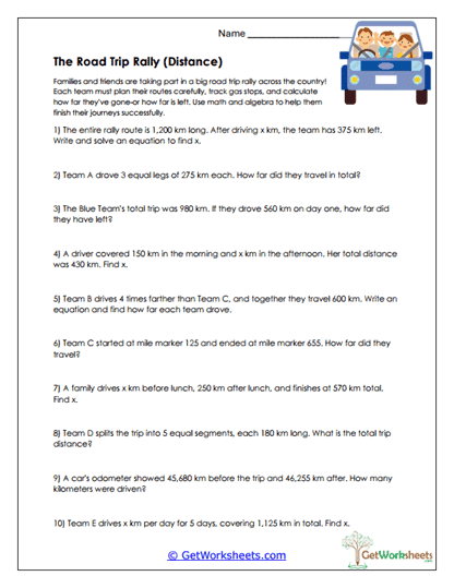 Road Trip Distance Calculations Worksheet