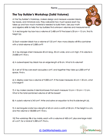 Toy Builder Volume Problems Worksheet