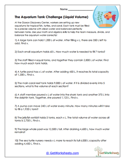 Aquarium Tank Volume Worksheet