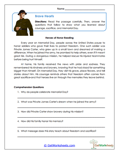 Memorial Day Reading Worksheet