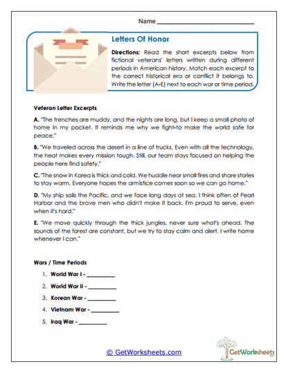 Veterans' Letters Matching Worksheet