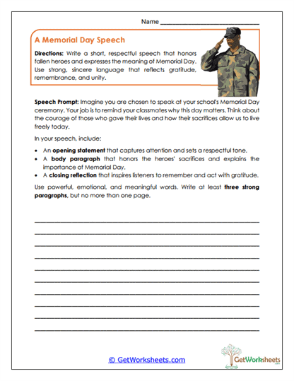 Memorial Day Speech Writing Worksheet