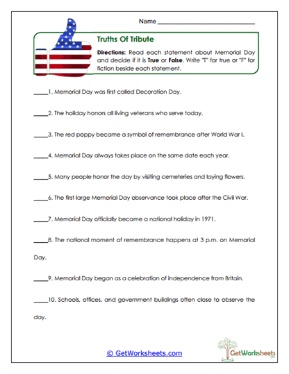 Memorial Day True or False Worksheet