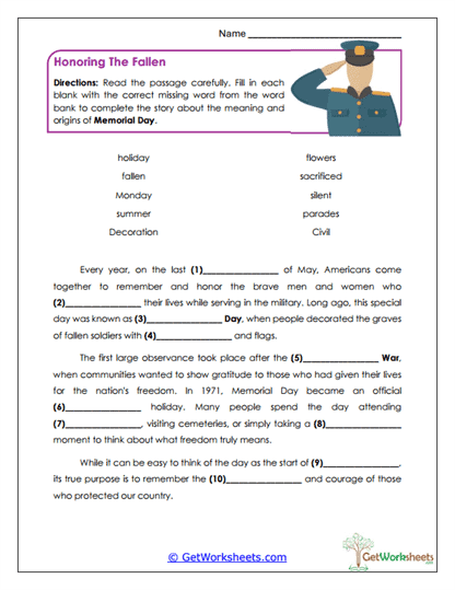 Memorial Day Cloze Reading Worksheet