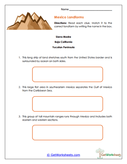 Mexican Landforms Worksheet