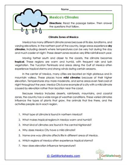 Country Climates Worksheet