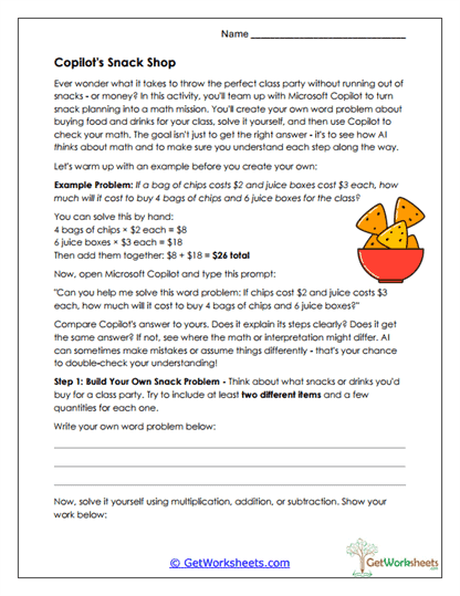 Snack Shop Math Worksheet