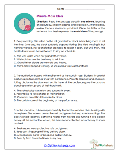 Minute Main Idea Worksheet