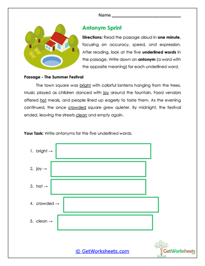 Antonym Sprint Worksheet