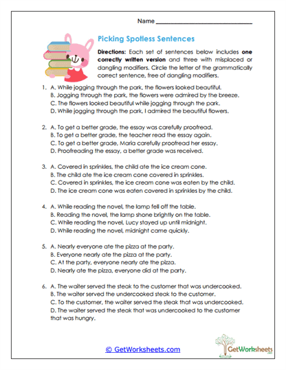 Picking Spotless Sentences Worksheet
